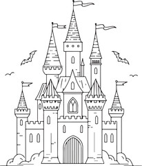 Fototapeta premium An enchanting line-art illustration of a fantasy fairy tale castle with bats flying and clouds below.