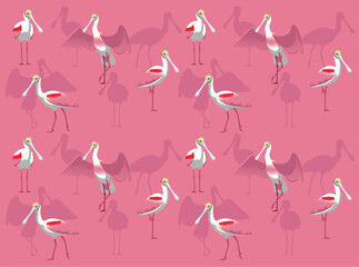 Roseate Spoonbill Bird Cartoon Character Green Seamless Wallpaper Background