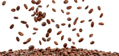 Obraz premium Roasted coffee beans levitate in a large, isolated pile against a white background, drink, rich