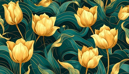 Golden tulips on teal leaves