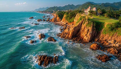 Coastal cliffs meet turquoise sea