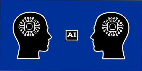 Artificial intelligence concept with human heads and microchip brains