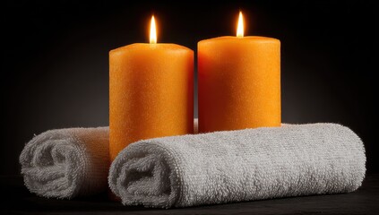 Two orange candles on a dark surface, resting on rolled white towels