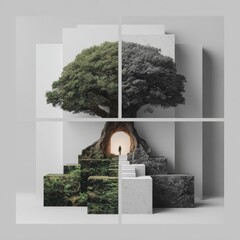 Four-panel image; a large tree, light, steps, and transitions of color from light green to dark gray, sits atop tiered blocks