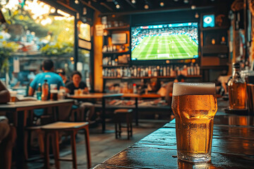 A lively pub scene featuring a glass of beer on a table, with a large TV displaying a sports game and patrons enjoying the atmosphere.