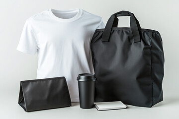 A minimalist display of a white t-shirt, black tote bag, lunch bag, coffee cup, and notebook against a neutral background, ideal for a casual lifestyle.