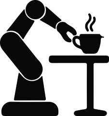 Illustrator Vector Robot arm serving hot coffee on table silhouette