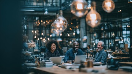 Obraz premium Group of Asian Office Workers Collaborating at Shared Desk with Laptops in a Modern Co-Working Space, Professional Teamwork and Corporate Collaboration Concept 