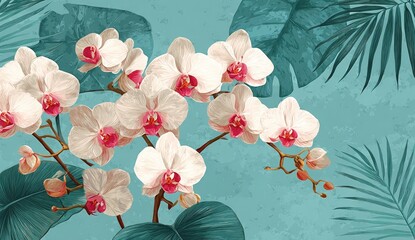 Pastel orchids & tropical leaves on teal background