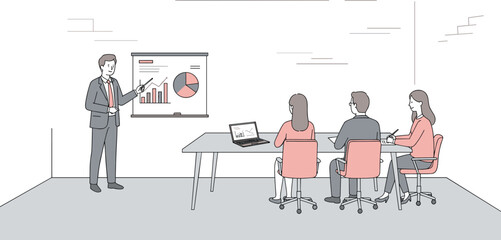 Businessman giving presentation to team in office meeting room, showing charts, data analysis, corporate strategy discussion, teamwork collaboration, project planning and growth performance