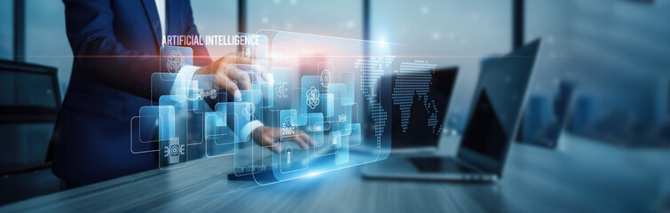 Artificial intelligence concept. Hand touching AI-powered learning innovation, smart connection on...