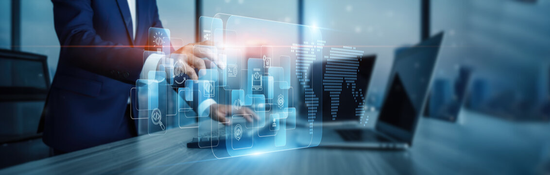 API. Hand touching API integration services and platforms, data connection on virtual screen endpoints microservices development connectivity automation applications interface workflow scalability.