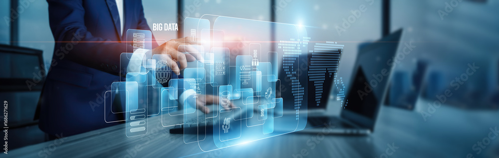 Poster big data concept. hand touching advanced big data analytics engines, information connection on virtu