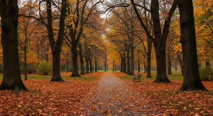 Fototapeta premium Autumn Scene A Pathway Through Golden Trees, Capturing the Essence of Fall in Nature