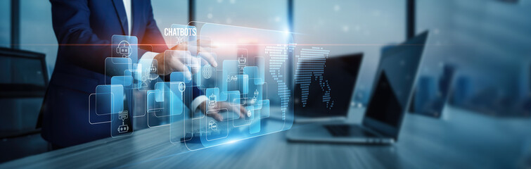 Chatbots concept. Hand touching intelligent chatbot technology, AI connection on virtual screen natural language conversation automation support engagement customer interaction, and messaging services