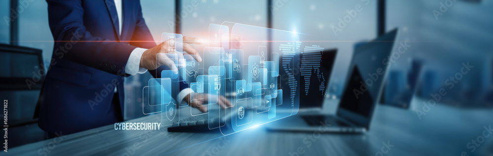 Poster cybersecurity concept. hand touching advanced cybersecurity protection systems, secure connection on