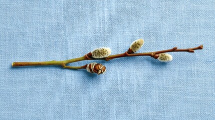 Close-up of a pussy willow branch with soft furry catkins on a textured light blue background for sp nature floral design