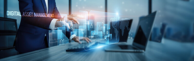 Digital asset management concept. Hand touching DAM platforms for content, storage connection on virtual screen metadata indexing retrieval automation collaboration workflows, security organization.