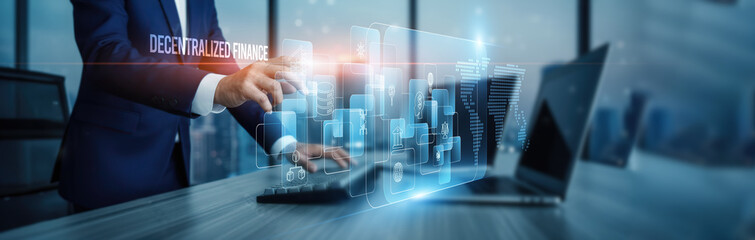 Decentralized finance concept. Hand touching DeFi platforms and blockchain solutions, crypto connection on virtual screen smart contracts wallets lending automation trading investment security.