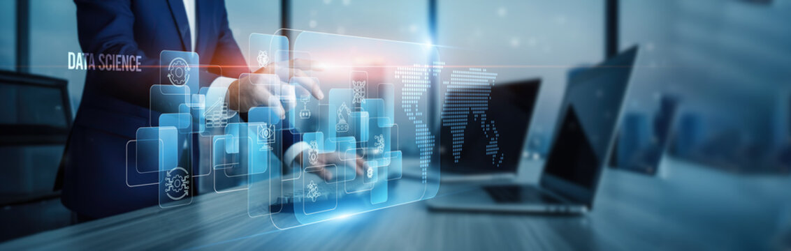 Data science concept. Hand touching machine learning and data science models, analytics connection on virtual screen algorithms visualization automation prediction insights intelligence patterns.