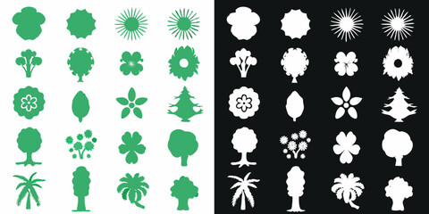 Collection of green and white tree and flower silhouettes