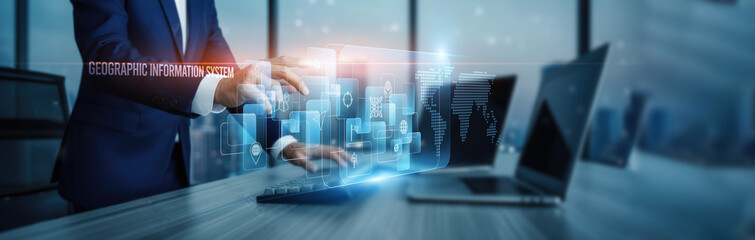 GIS concept. Hand touching advanced geographic information system solutions, spatial connection on virtual screen mapping geolocation analytics layers visualization terrain automation integration.
