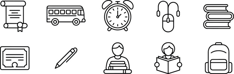 Collection of education and learning icons featuring scroll, bus, alarm clock, mouse, books, diploma, pen, and backpack isolated on white background