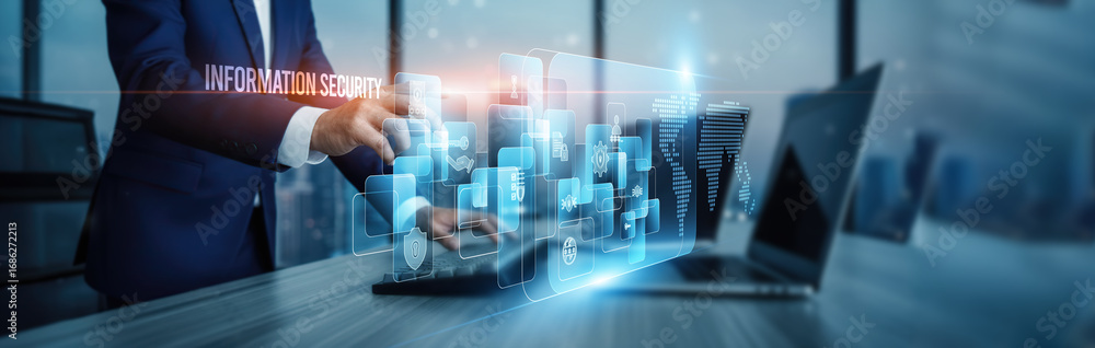 Poster information security. hand touching advanced cybersecurity protection, secure connection on virtual 