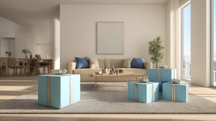 Contemporary Apartment Living Room with Eid Gift Boxes in Spacious Open Floor Design