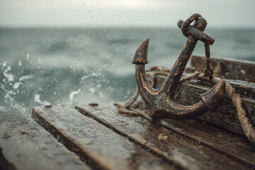 Weathered ship anchors resting on a rustic wooden pier with the sea in the background