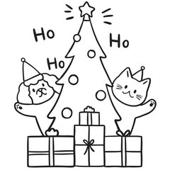Christmas Tree with Dog and Cat Illustration.