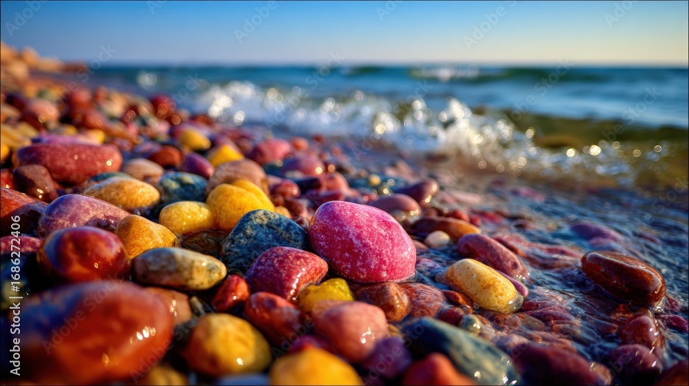 Poster close-up view of colorful smooth pebbles on the shoreline with gentle ocean waves and clear blue sky