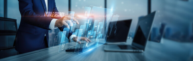 Mobile security concept. Hand touching advanced mobile device security systems, protection...