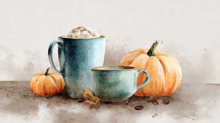 A cozy autumn scene featuring two turquoise mugs, pumpkin decor, and coffee beans, evoking warmth and seasonal enjoyment.