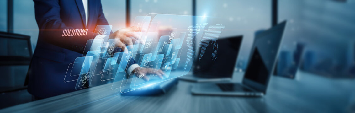 Solutions concept. Hand touching innovative digital solutions platforms, integration connection on virtual screen automation problem-solving workflow optimization services technology efficiency.