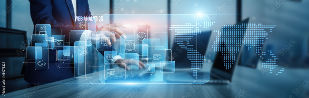 Poster web analytics concept. hand touching advanced analytics dashboards, tracking connection on virtual s