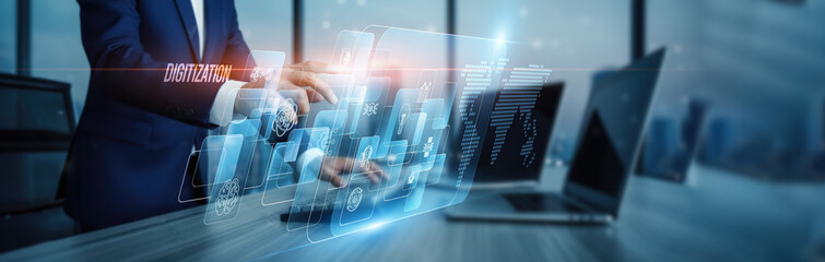 Digitization concept. Hand touching enterprise digitization systems, transformation connection on virtual screen workflow automation cloud storage data management efficiency accessibility process.