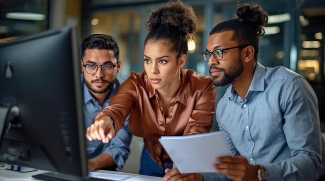 A dynamic, eye-level shot capturing three focused and diverse young professionals collaborating intently around a brightly lit desktop computer monitor in a modern, dimly lit office environment.