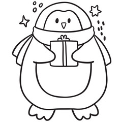 Penguin with Gift Box Illustration.