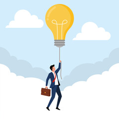 Illustration of a businessman holding onto a floating light bulb, symbolizing a great idea, innovation, and creative business strategy.