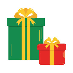 Vector art of two festive gift boxes, one large green and one small red, both adorned with yellow bows and ribbons