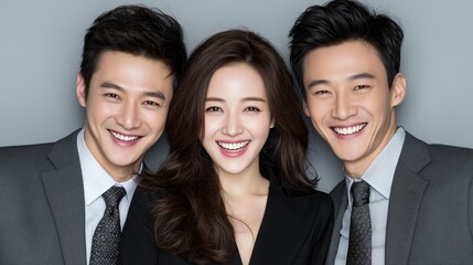 Smiling Team Portrait of Three Asian Office Workers in Professional Business Attire on a Clean Bright Studio Background, Symbolizing Teamwork and Corporate Culture
