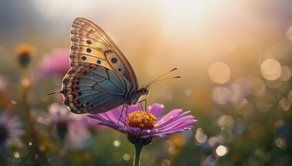 Macro Butterfly on Vibrant Flower &ndash; Iridescent Wings, Sunlit Meadow, Hyper-Real Detail.