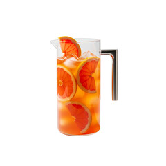 Glass pitcher of grapefruit iced tea with grapefruit slices, tall modern handle, white background