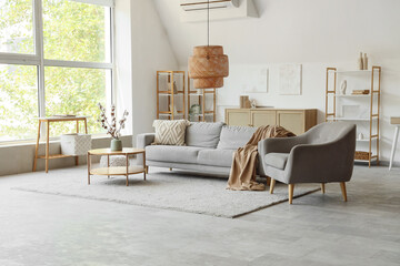 Interior of light living room with cotton flowers in vase, sofa and armchair