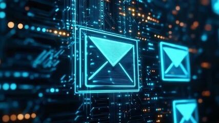 Email icons glowing on futuristic circuit board - Powered by Adobe