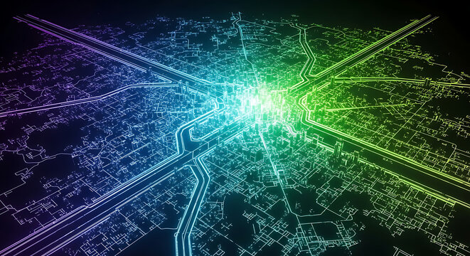 Abstract colorful city map with glowing lights and roads at night - Powered by Adobe