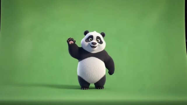 A cheerful cartoon panda waves, set against a vibrant green background.