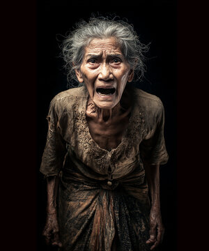 Angry South Eash Asian Senior Old lady Elderly with wrinkle face yelling open mouth gray hair