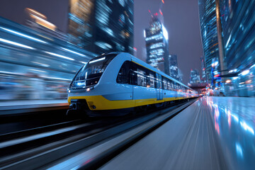 Fototapeta premium An electric train entering futuristic city station
